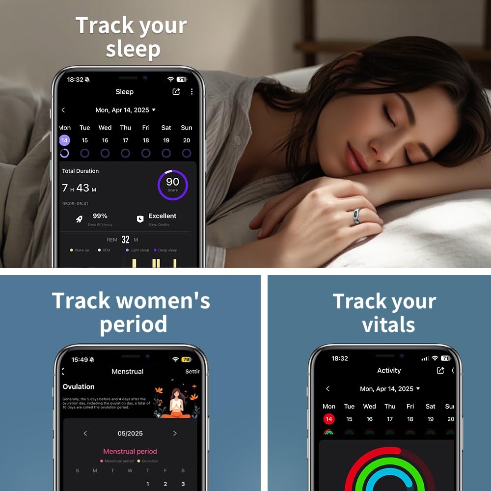 Anneau Intelligent LED Tactile, Tracker d'activité/Fréquence Cardiaque/Sommeil/Oxymétrie, Bague Connectée 5ATM, Contrôle Musique/Vidéo, Smart Ring Fitness Tracker Compatible iOS/Android (Argenté, 10)