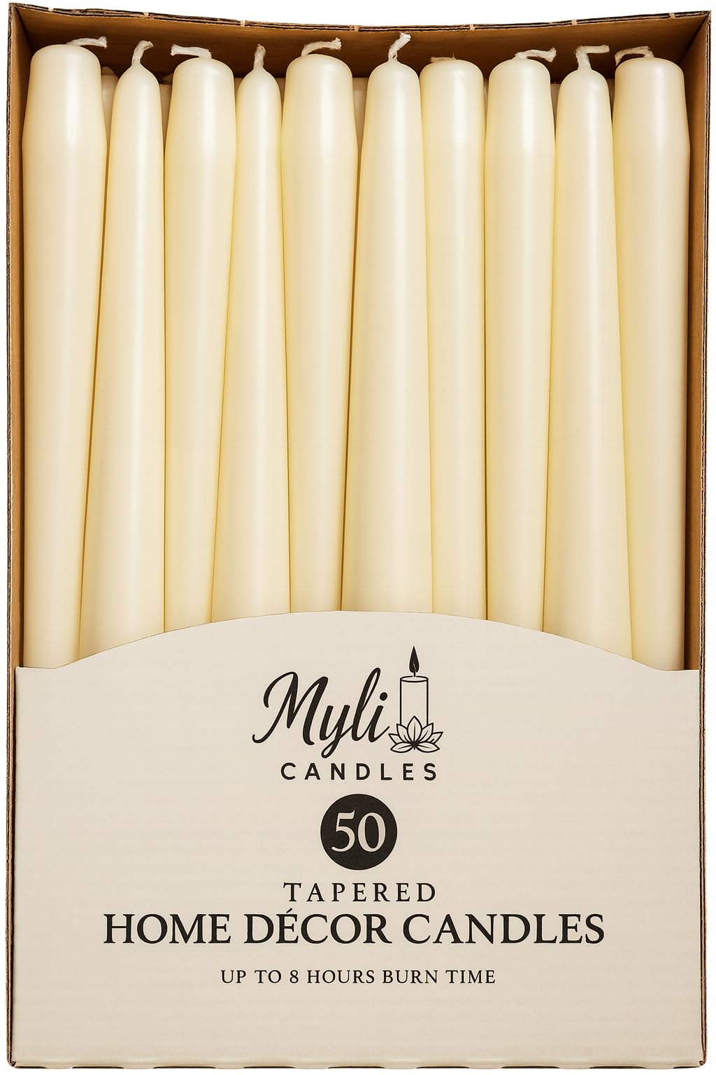 MyLight 10-Inch Taper Candles Unscented Wax Pack of 50-8 Hour Burn Time Sleek Tall Candles for Home Decor, Christmas Celebrations & Dining (50, Ivory)