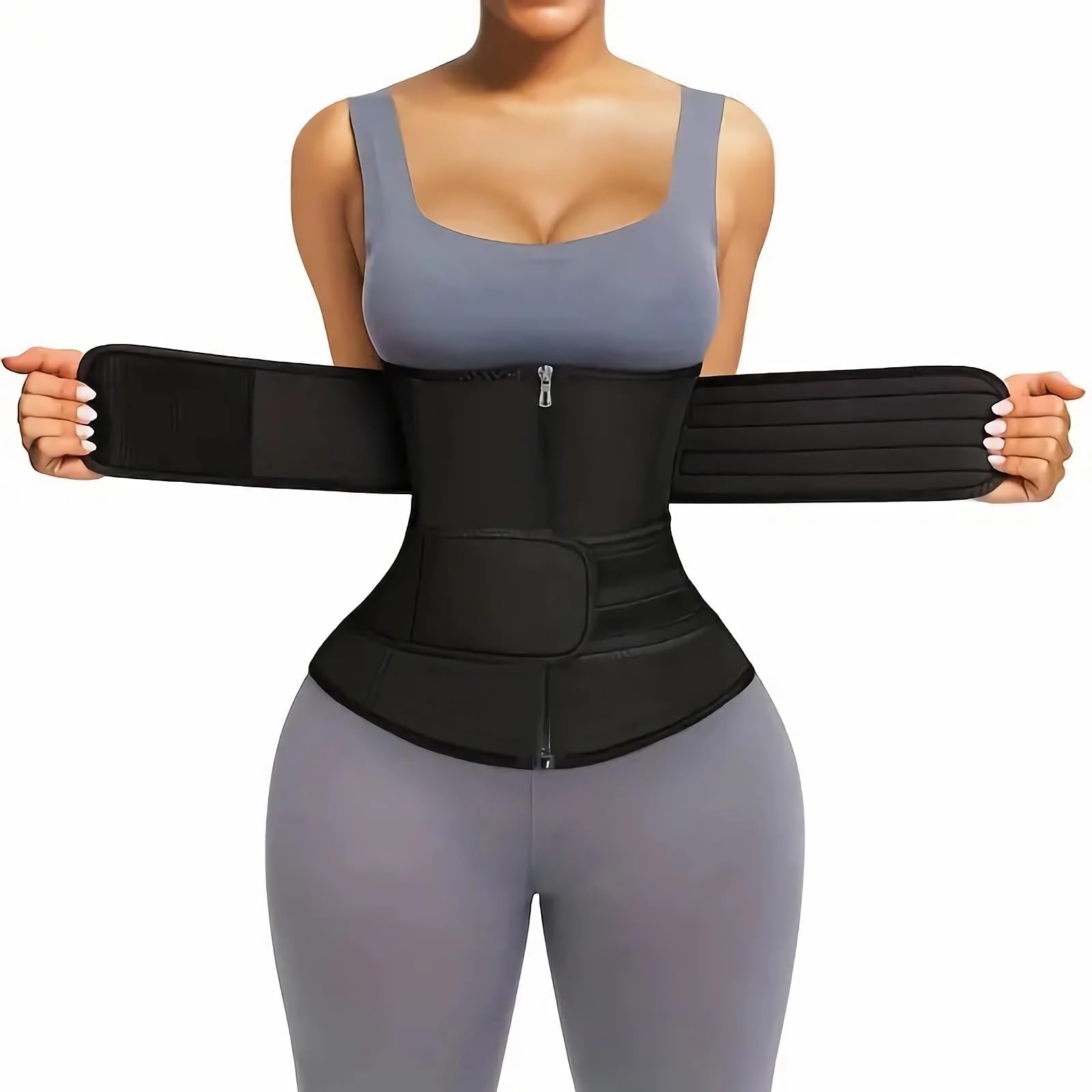 XFLHXY Sweat Waist Trainer for Women Two Belts, Neoprene Workout Corset Waist Trainer Cincher Trimmer Shaper Zipper(L) Black