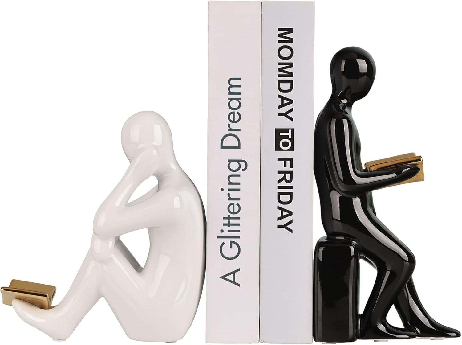 XINGYAN Elegant Ceramic Bookends - Black & White Reading Statues with Gold Accents - Sophisticated Decor for Shelves and Home(Gold Book)