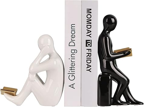 XINGYAN Elegant Ceramic Bookends - Black & White Reading Statues with Gold Accents - Sophisticated Decor for Shelves and HomeGold Book