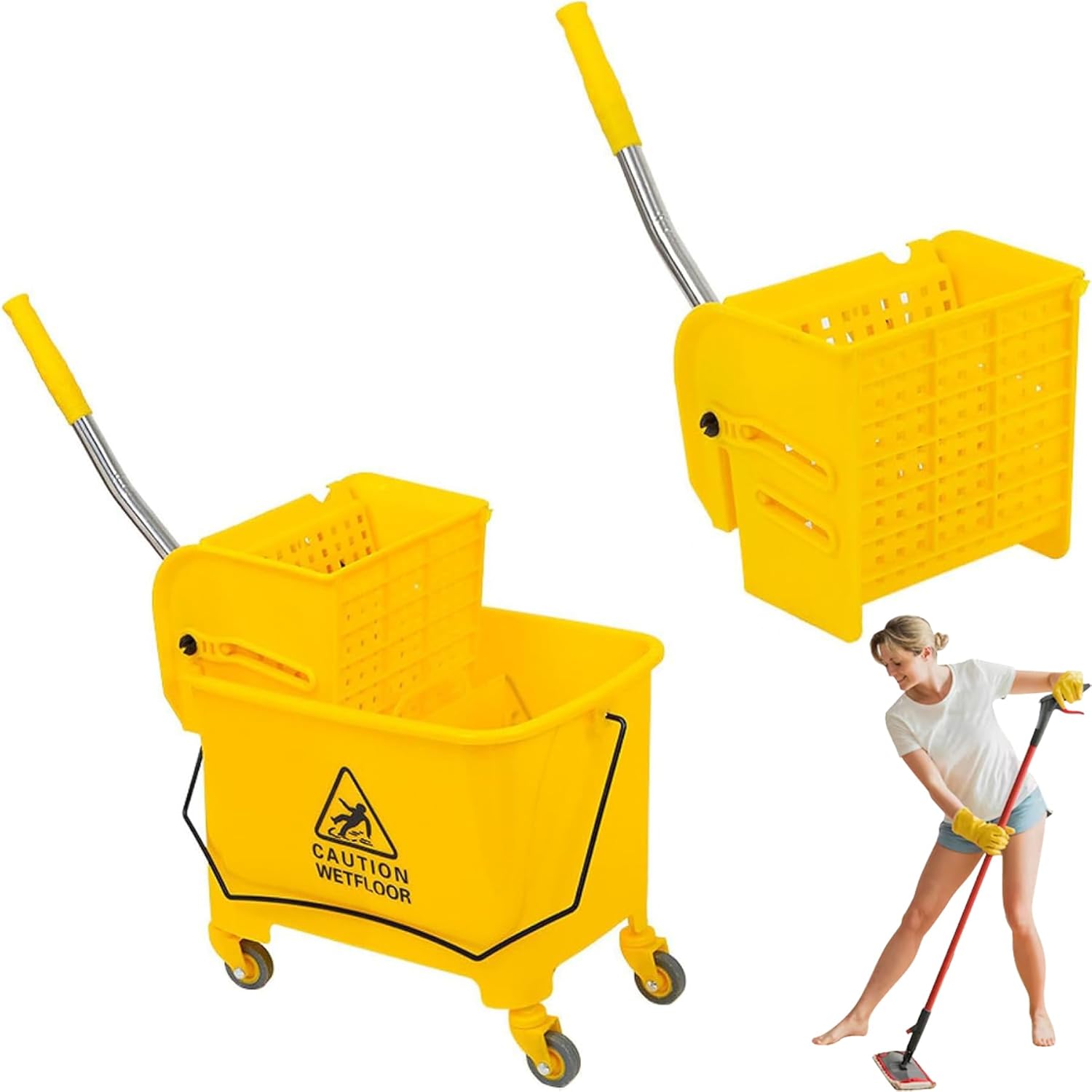 Mop Bucket with Side Press Wringer on Wheels, Industrial Mop Bucket 20 Quart Side Wringer Combo Bucket with Wringer Set for Home Business Cleaning