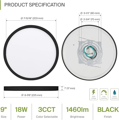 Miniatura 3 de ASD Luz LED redonda de montaje al ras de 9 pulgadas  18W 1460LM 3000-5000K 120V  3CCT, regulable, ultra delgada, listada por ETL  Lámpara de