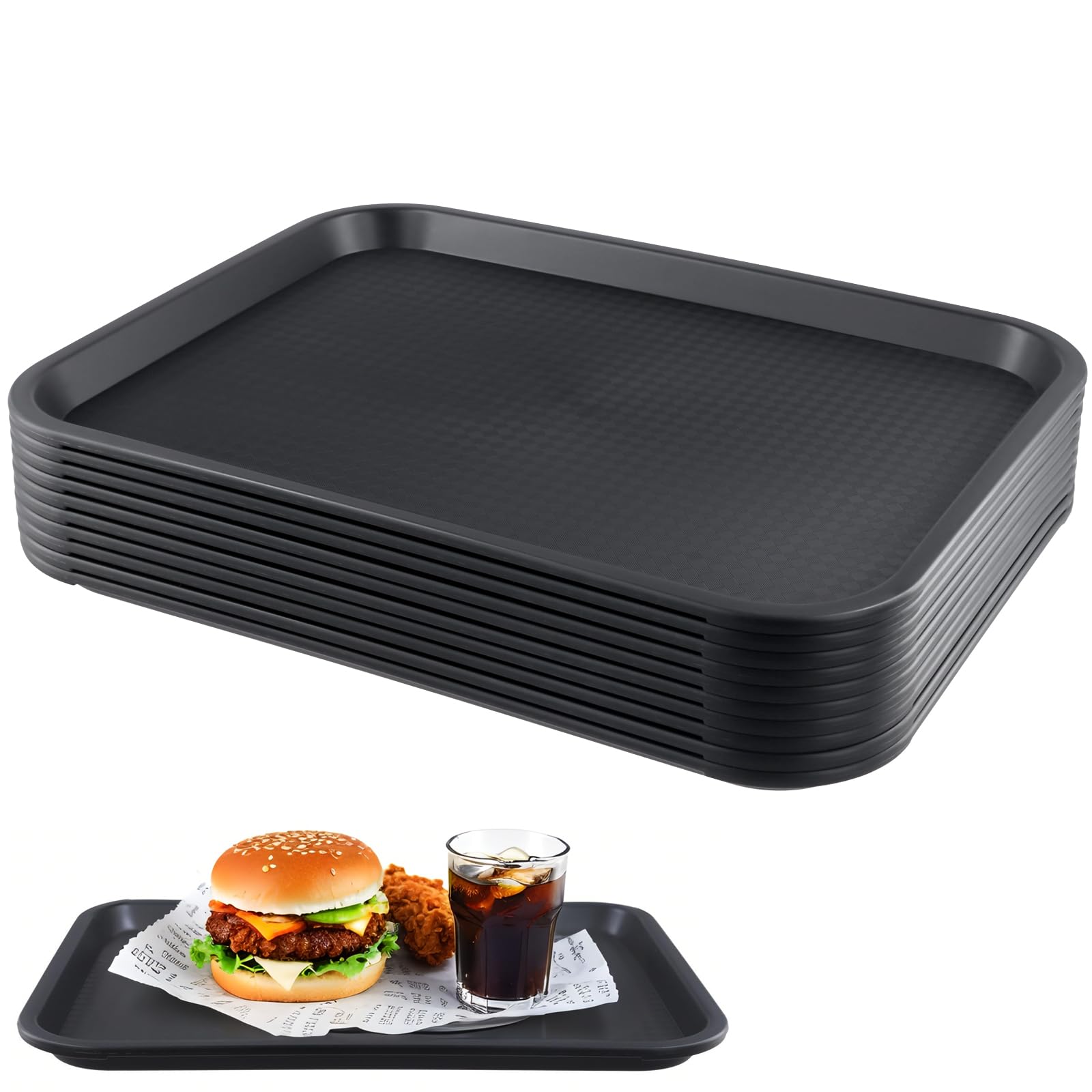 LEXININ 10PCS 35 x 27cm Black Plastic Fast Food Tray,10 x 13 Inch Small Rectangular Serving Drink Trays for Cafeteria Restaurant Fast Food