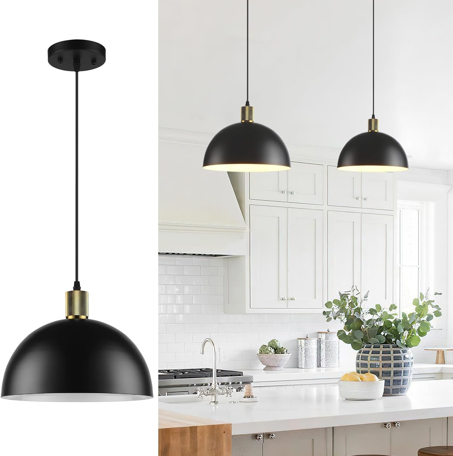 Black Pendant Lights Kitchen Island, 11.8" Modern Dome Pendant Light Fixtures Farmhouse Hanging Lights for Dining Room Hallway Sink Entryway Black White Dome