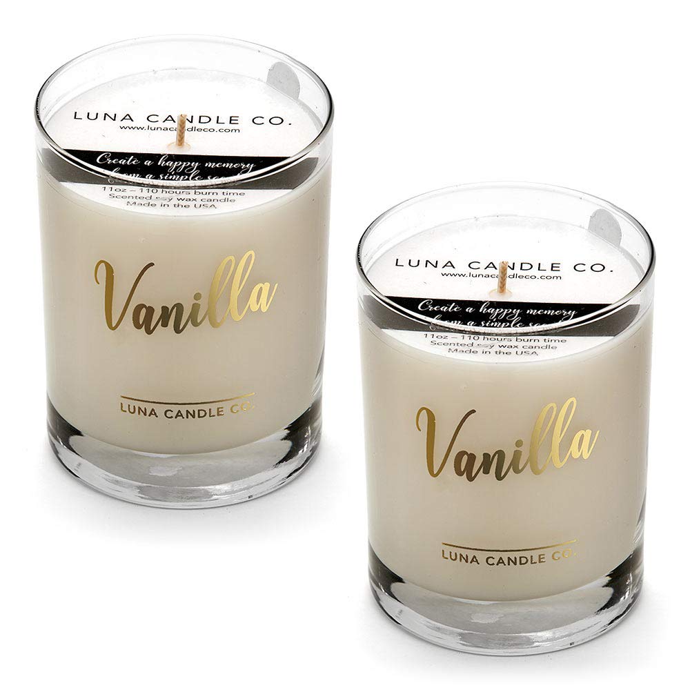 LUNA CANDLE CO. Vanilla Scented Jar Candle in 11oz. Clear Glass, Single Wick, Soy Wax, Up to 110 Hours of Burn Time, Great Gift for Home, Wedding, Birthday, Spa (2 Pack)