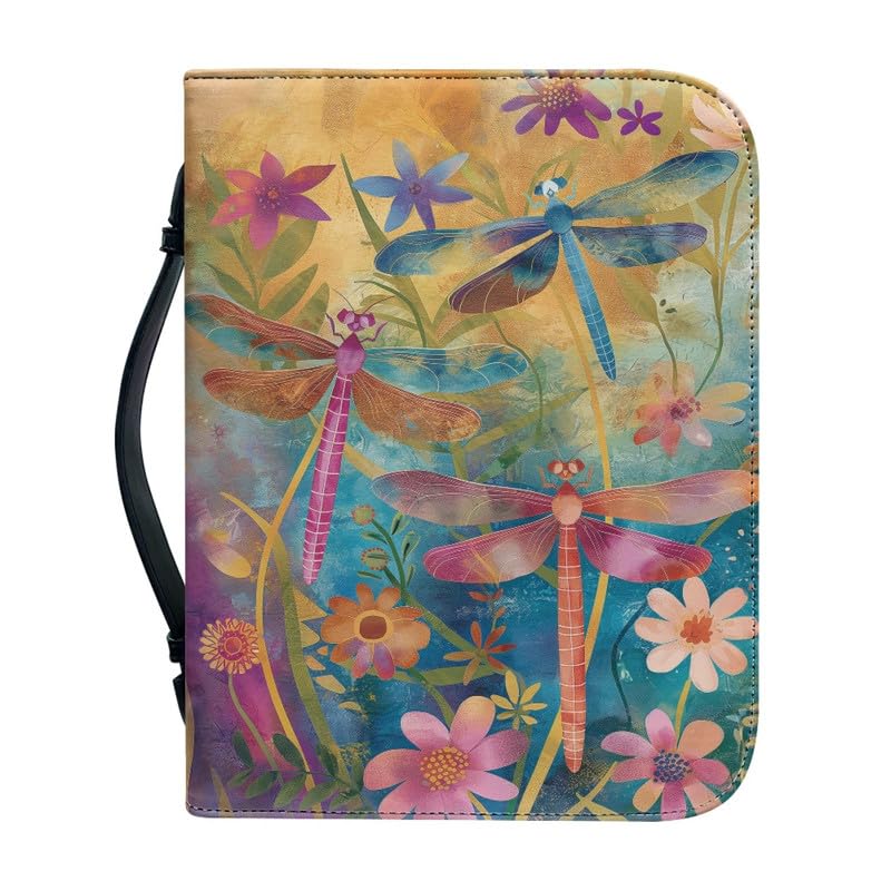 Kuiaobaty Dragonfly Bible Case Organizer for Women, Painting Dragonflies Flowers Carrying Book Case Church Bible Bag with Inside Pocket,M