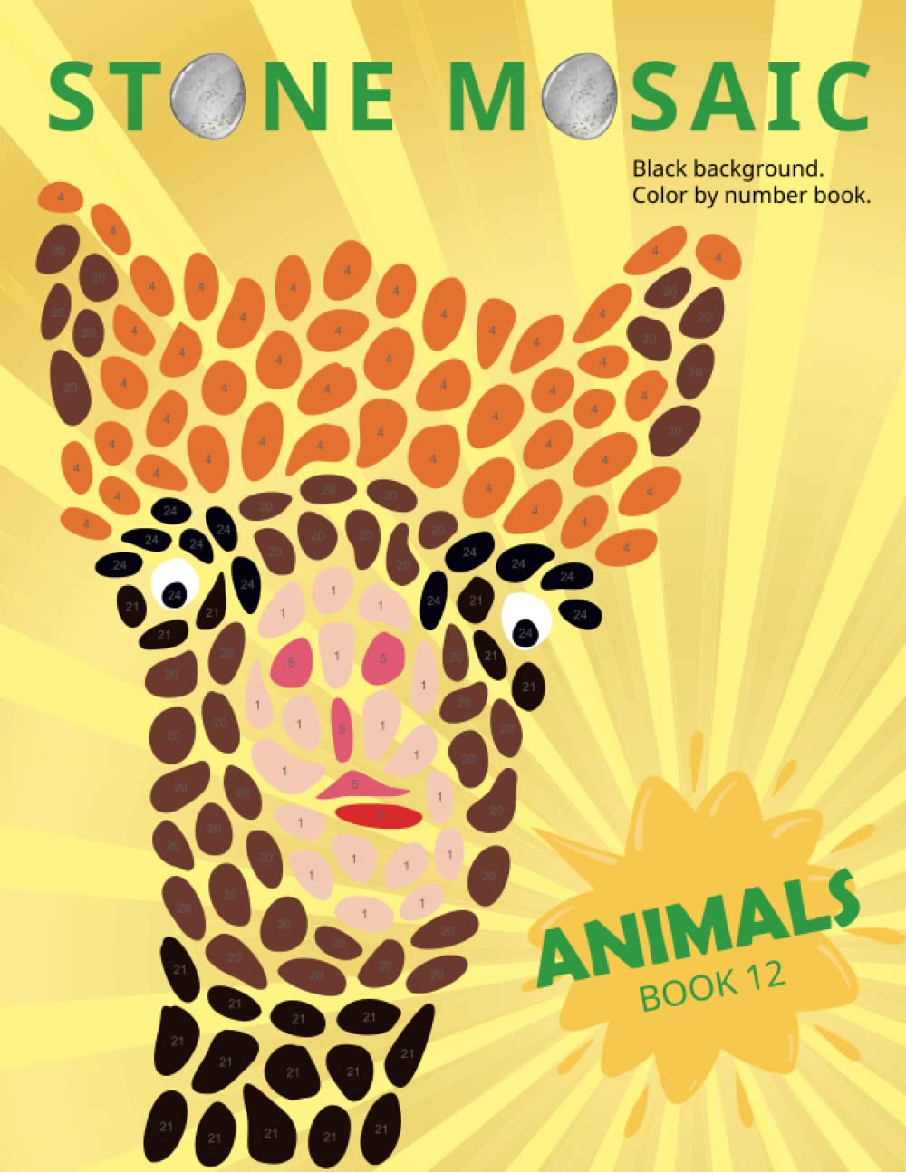 STONE MOSAIC. Animals. Book 12.: Black background. Color by number book.