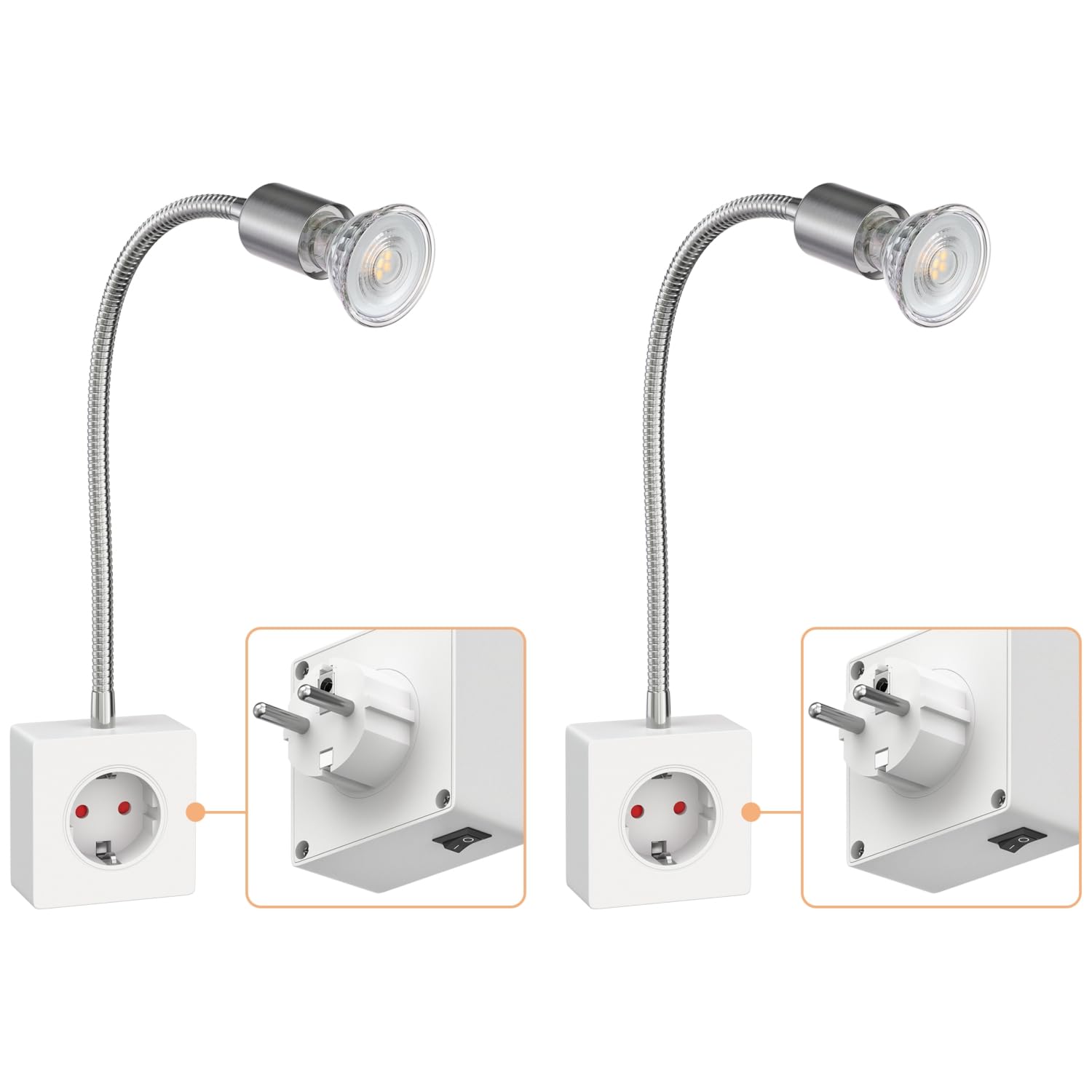 ledscom.de Lámpara de lectura LESCH con 2 enchufes, cromada/blanca, incluye bombilla LED GU10 de 5,3 W, 504 lm, 44°, luz blanca