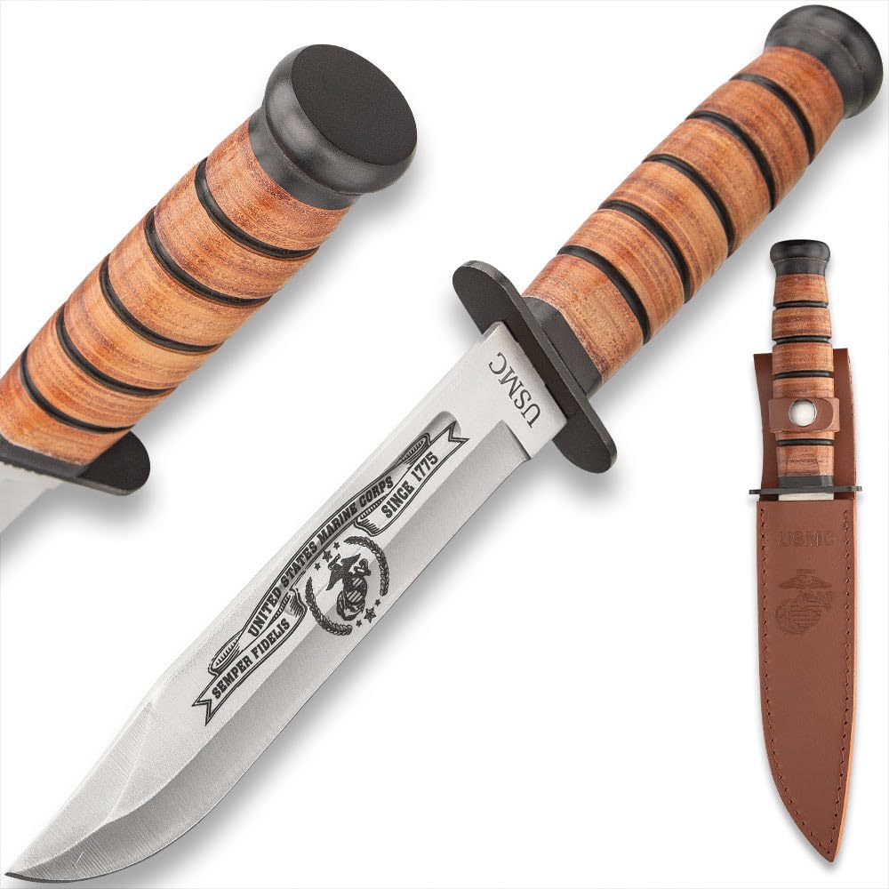 USMC Tribute Combat Knife with Leather Sheath | Officially Licensed | Stainless Steel Blade | Stacked Leather Handle | Perfect for Historical Knife Collectors | Overall 12 1/4”