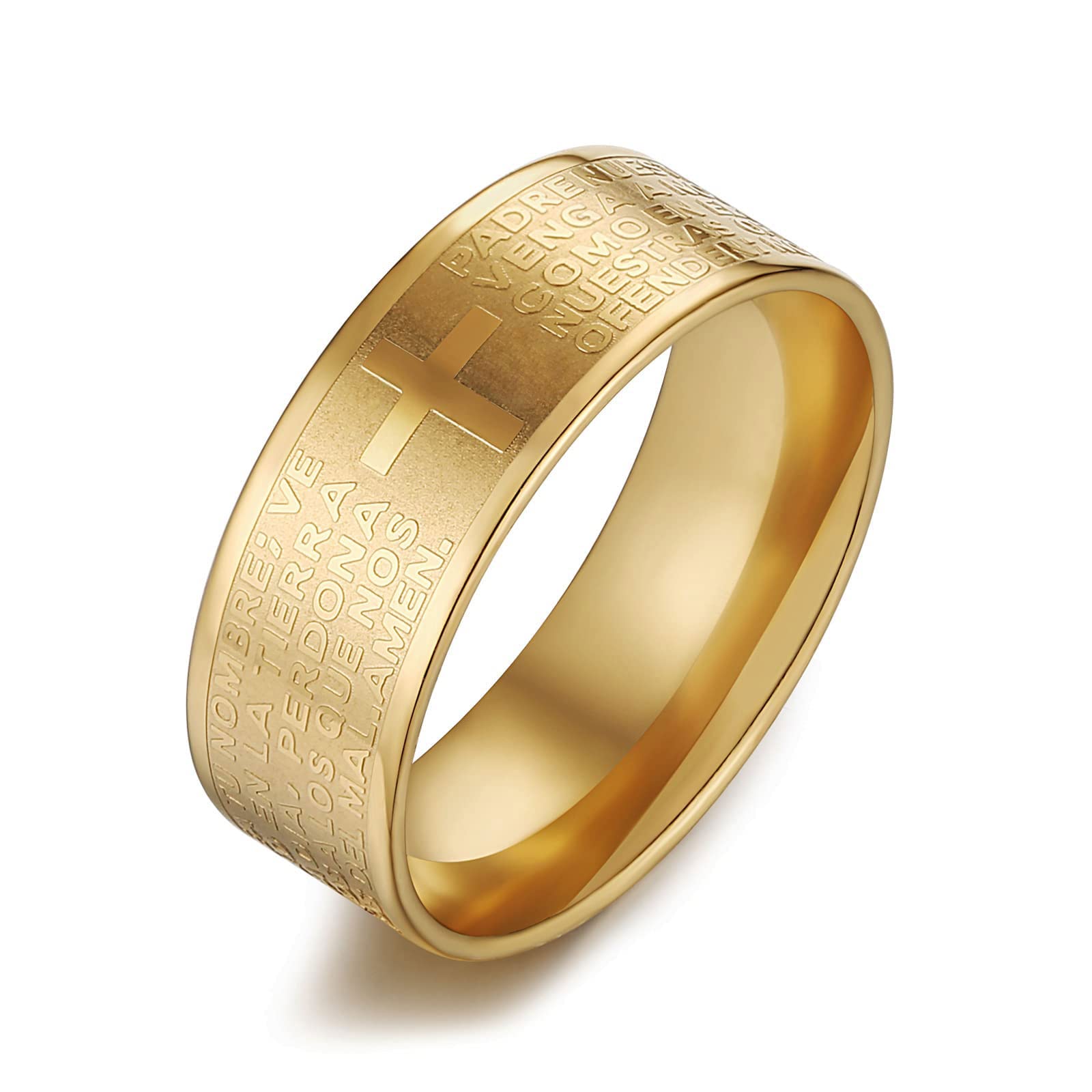 Scddboy8mm Men's Stainless Steel Bible Verse Christian Lord's Prayer Cross Ring Polished Wedding Ring