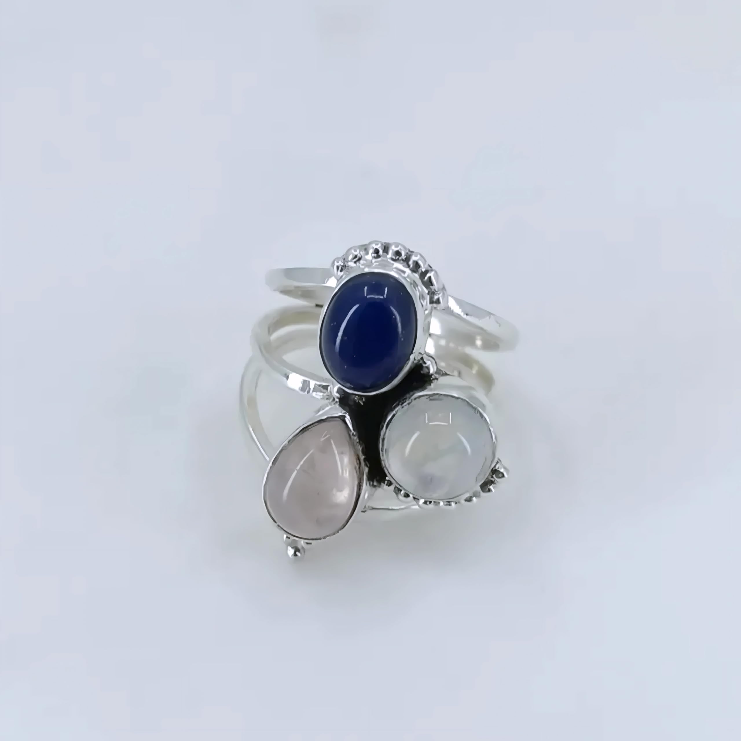 Dreifach-Edelstein aus 925er Sterlingsilber (Lapislazuli, Regenbogenmondstein, Rosenquarz) Statement-Damenring 14 bis 22 DE