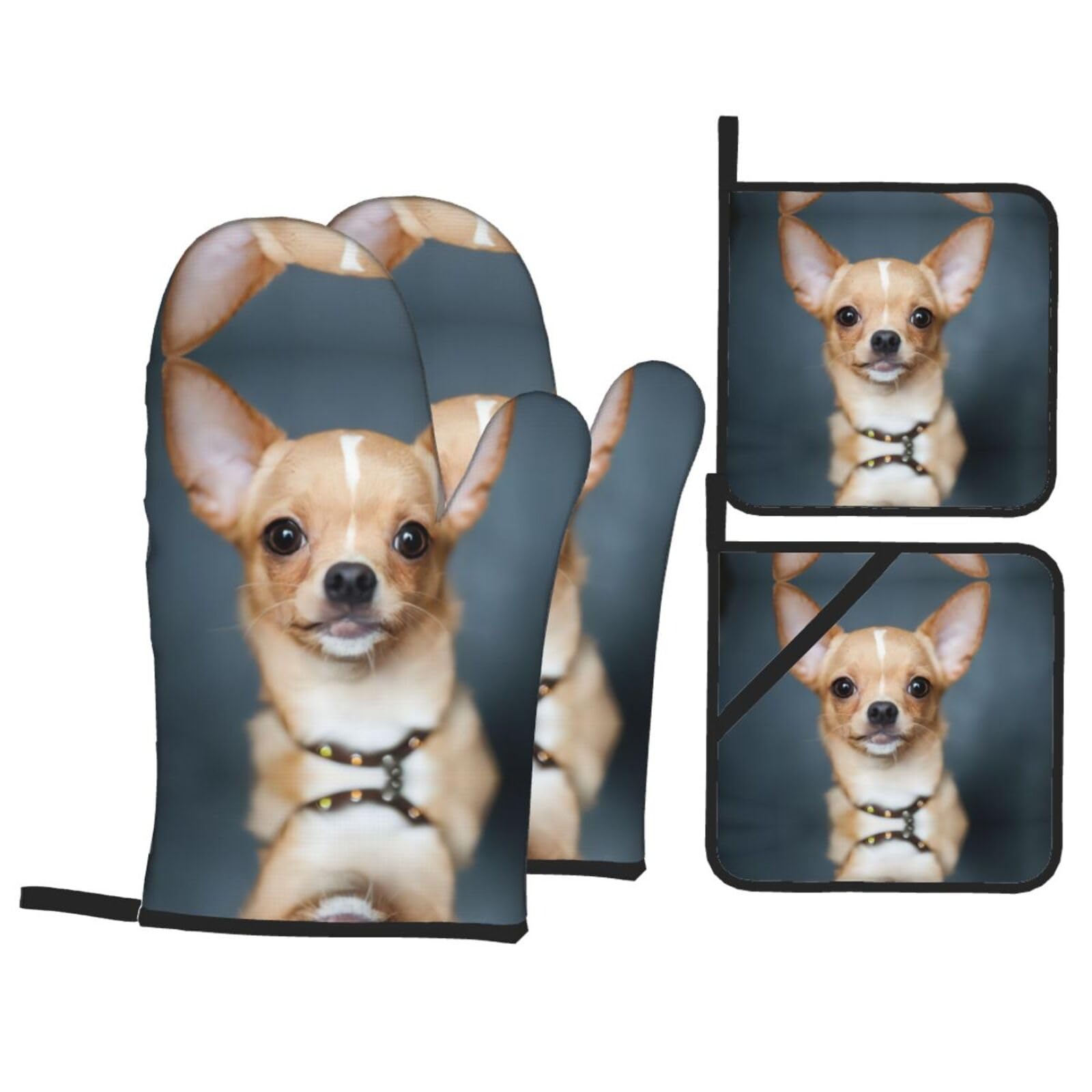 Adorable Chihuahua Printed Baking 4-Piece Set, includes oven mitts and a heat-resistant mat, suitable for oven and BBQ use
