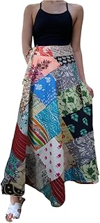 Mogul Interior Handmade Multicolor Patchwork Wrap Maxi Skirt – Blue Floral Cotton Boho Chic One Size