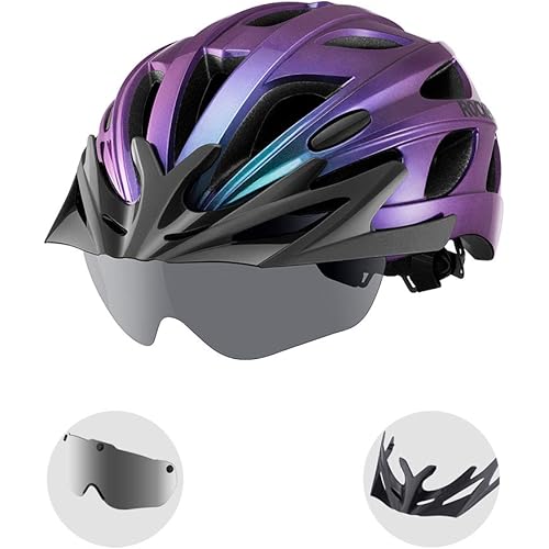 ROCKBROS Bike Helmet for Adult Men Women with Suggested Fit 58-65cm, Detachable Magnetic Goggles & Sun Visor, Lightweight with Adjustable Side and Chin Strap, Suitable for Myopia Glasses