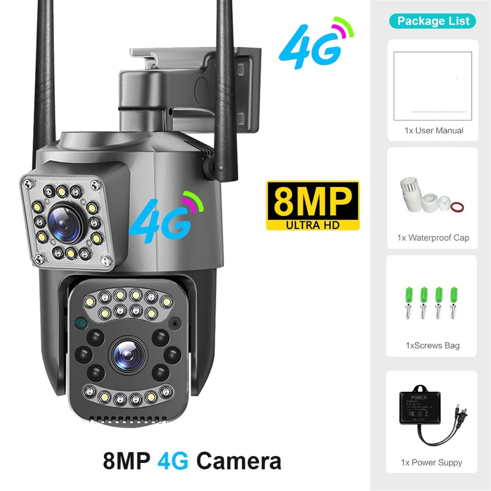 Kamera bezpieczeństwa zewnętrzna, Kamera na kartę Sim 4G 4K 8MP podwójny obiektyw zewnętrzna kamera PTZ IP inteligentna noktowizor ochrona bezpieczeństwa bezprzewodowa kamera kopułkowa CCTV Camara Kam