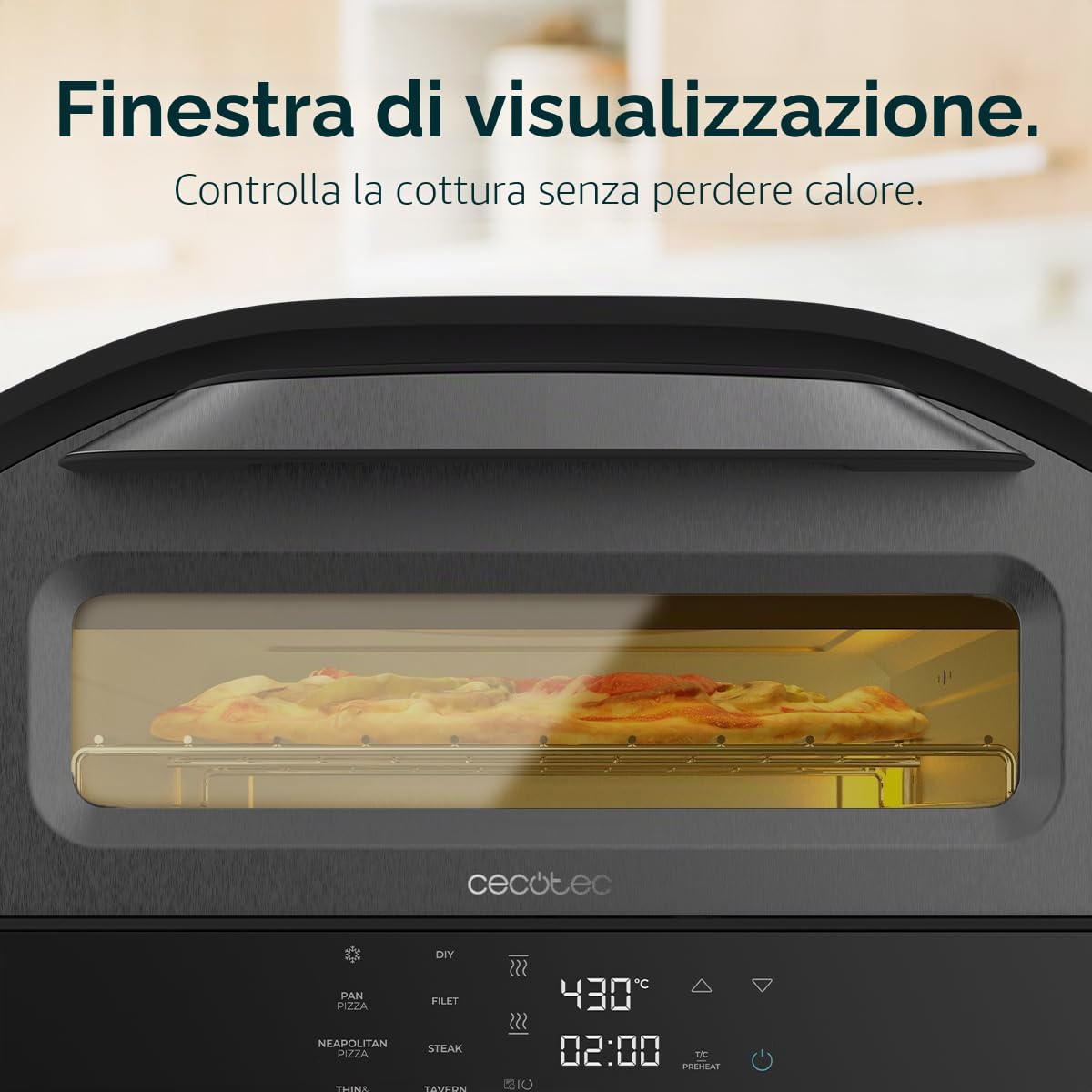 Cecotec Forno Elettrico per Pizza con Finestra Pizza&Co Tifosi. 1700W, Capacità 12 Litri, Controllo Digitale, Acciaio Rivestito, 8 Funzioni, Timer, Temperatura 80°C - 430°C, Luce Interna