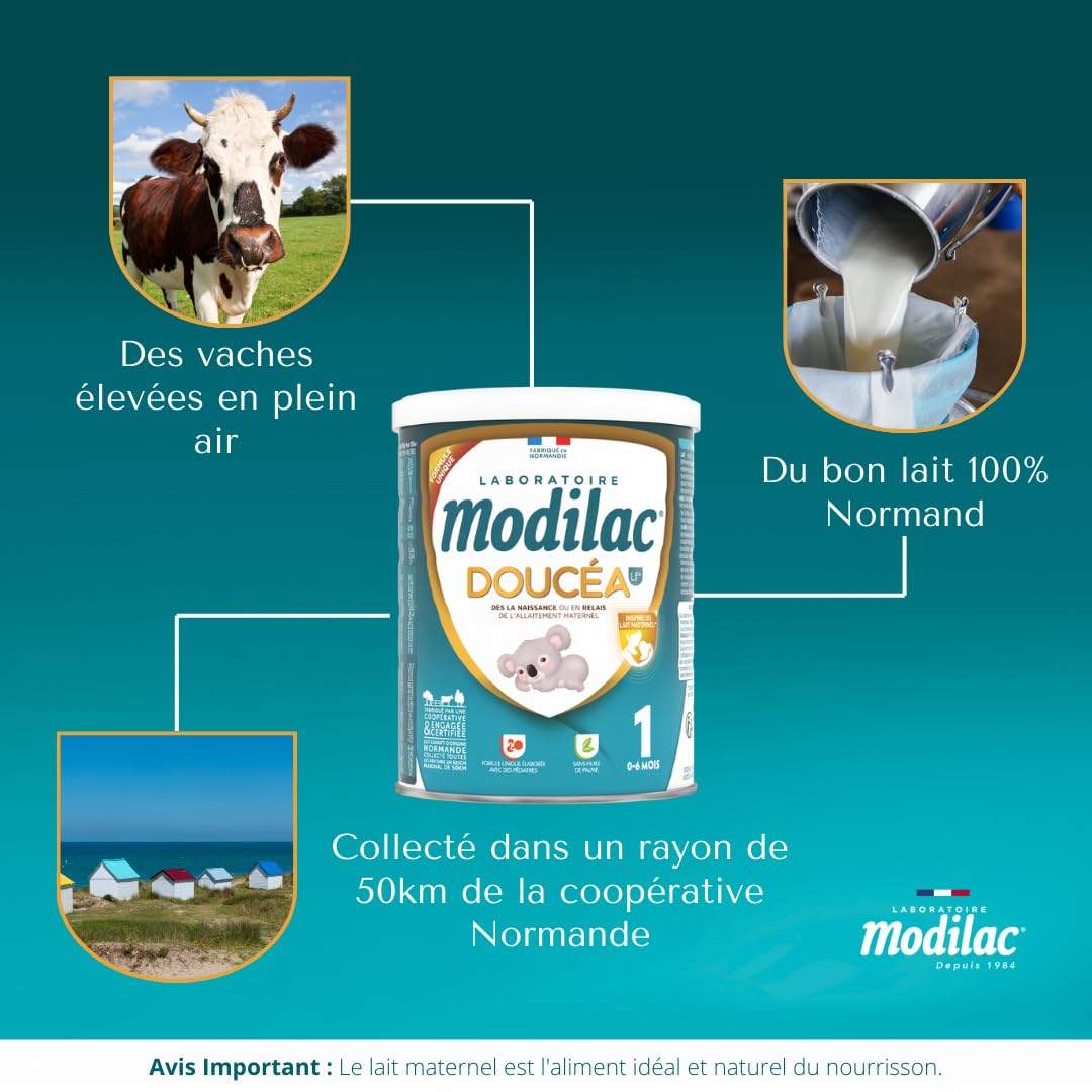 Modilac - Lait Infantile en Poudre Doucéa 1 - Convient en Relais de l'Allaitement Maternel - Fabriqué en France, Sans Huile de Palme - 1er Age, De 0 à 6 Mois - Lot de 4x400g