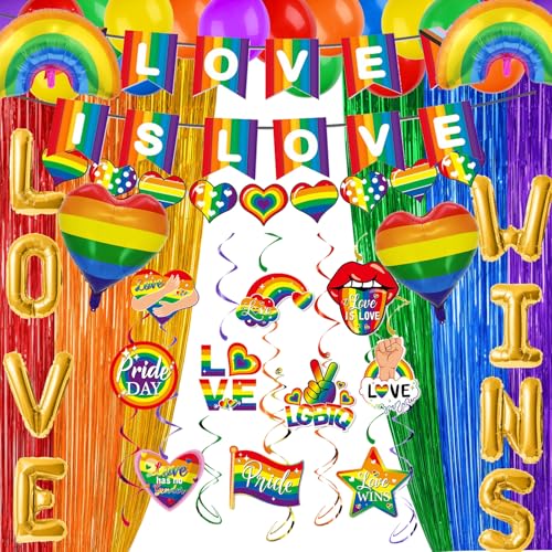 Image of Pride Party Decorations Set, LGBTQ Decor Kit Include 42 Balloons, 12 Rainbow Hanging Swirls, 2 Bright Love Banners, 2 Rainbow Foil Fringe Curtains for Pride Month Party Supply