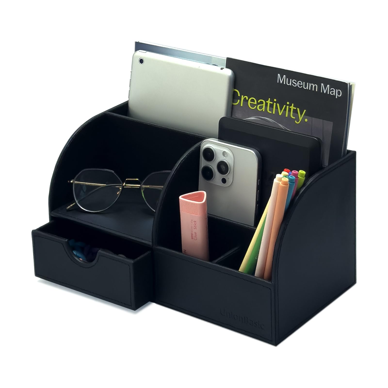UnionBasic Desk Organizer - Multifunctional Leather Desktop Pen Holder Storage Box - Business Card/Pen/Pencil/Mobile Phone/Stationery Holder, Black