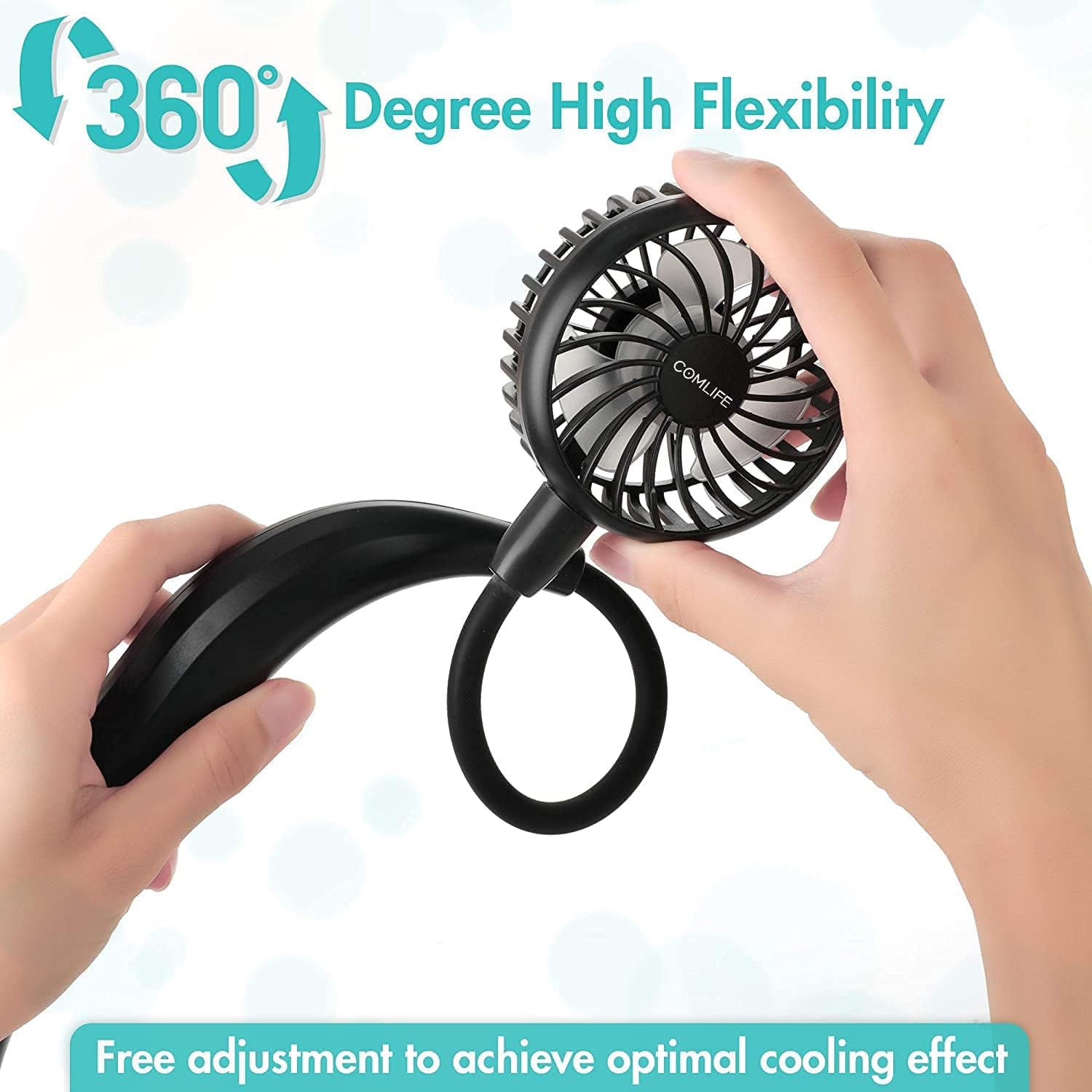 COMLIFE Portable Neck Fan,Battery Operated Quiet Hands Free USB Fan with 4 Speeds, Strong Wind, 360° Adjustable High Flexibility Wearable Personal Fan for Home Office Outdoor Travel(Matte Black)