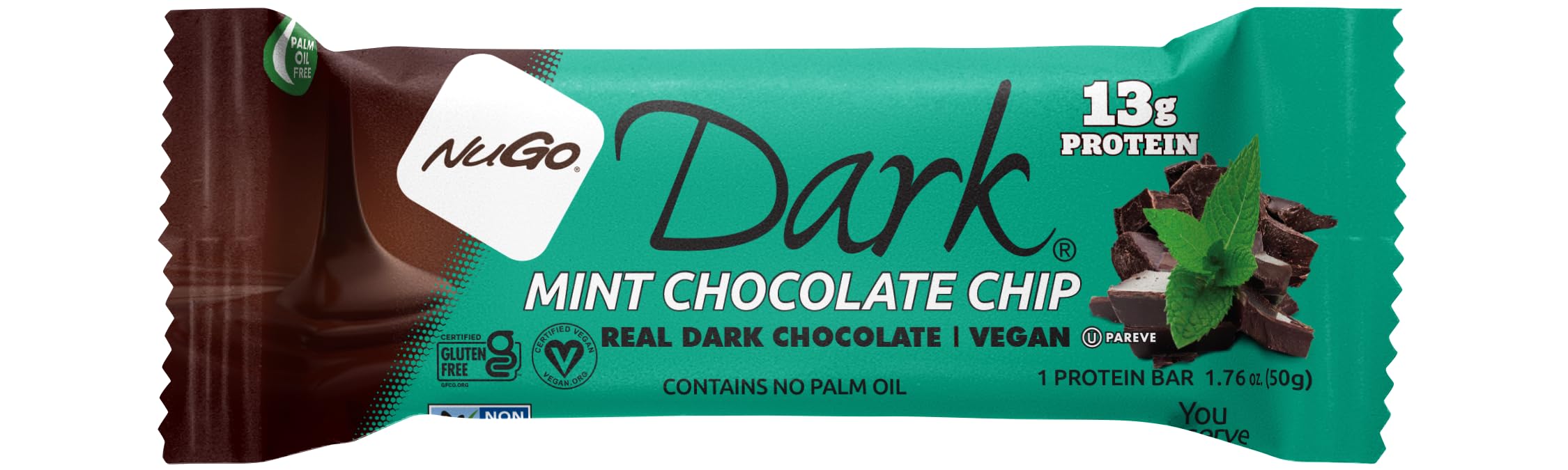 NuGo Dark Chocolate Mint Chocolate Chip, 13g Protein Bar, Vegan, Gluten Free, Non-GMO, Kosher Pareve, 12 Count