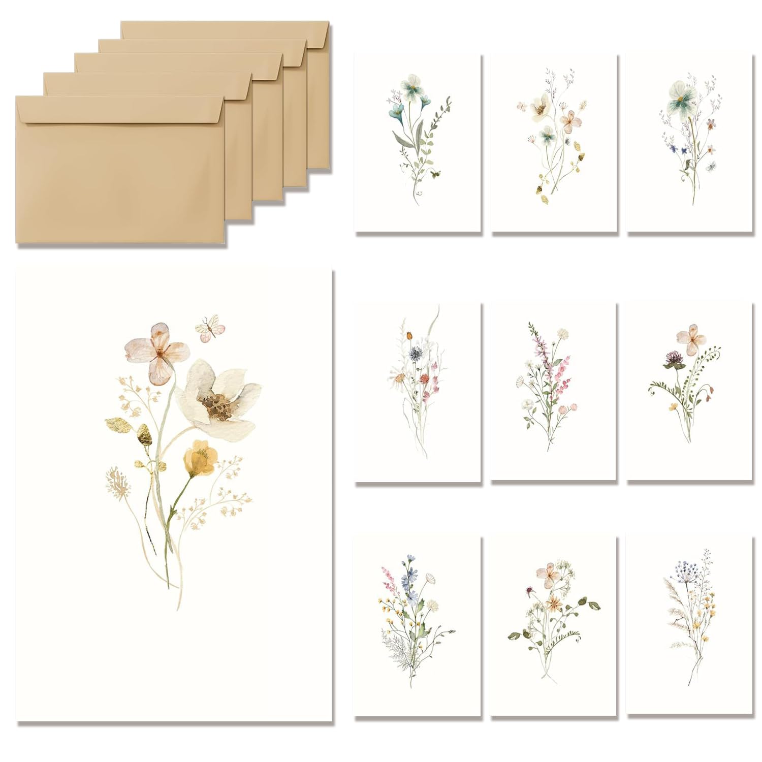 A6 Floral Greeting Cards, Blank Cards, Art Greeting Cardsand 10 Smooth Envelopes, Greetings Cards, Blank Card and Envelopes, for DIY, Wedding, Scrapbooking, Thank You Cards, Floral Cards