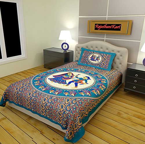 Image of RajasthaniKart Comfort Rajasthani Jaipuri Traditional Sanganeri Print 144 TC Cotton Single Bedsheet with 1 Pillow Cover - King, Round Dandiya (Green, Single)