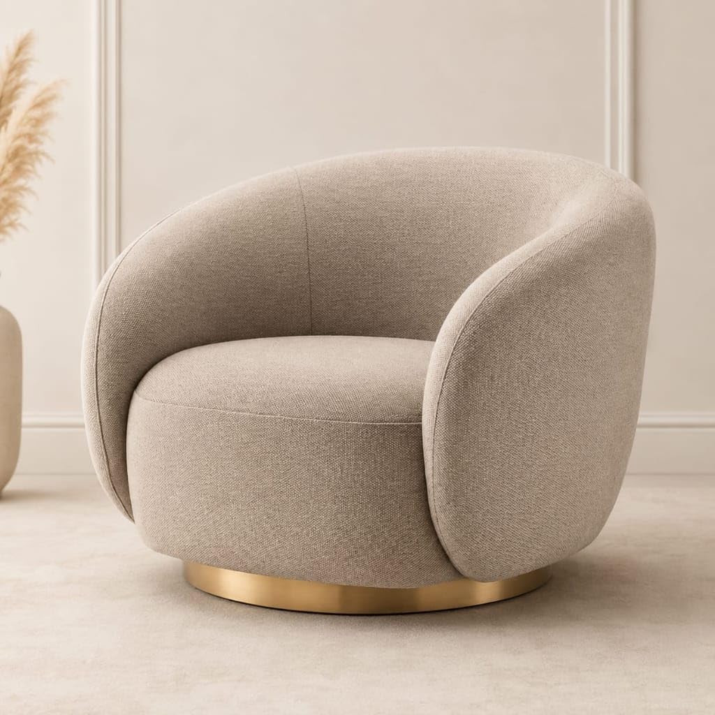 Orbit Modern Curved Swivel Barrel Accent Chair – 360-Degree Rotating Round Tub Armchair with Brushed Gold Metal Base for Living Room, Bedroom, Office & Lounge (Oatmeal Beige)-image-27