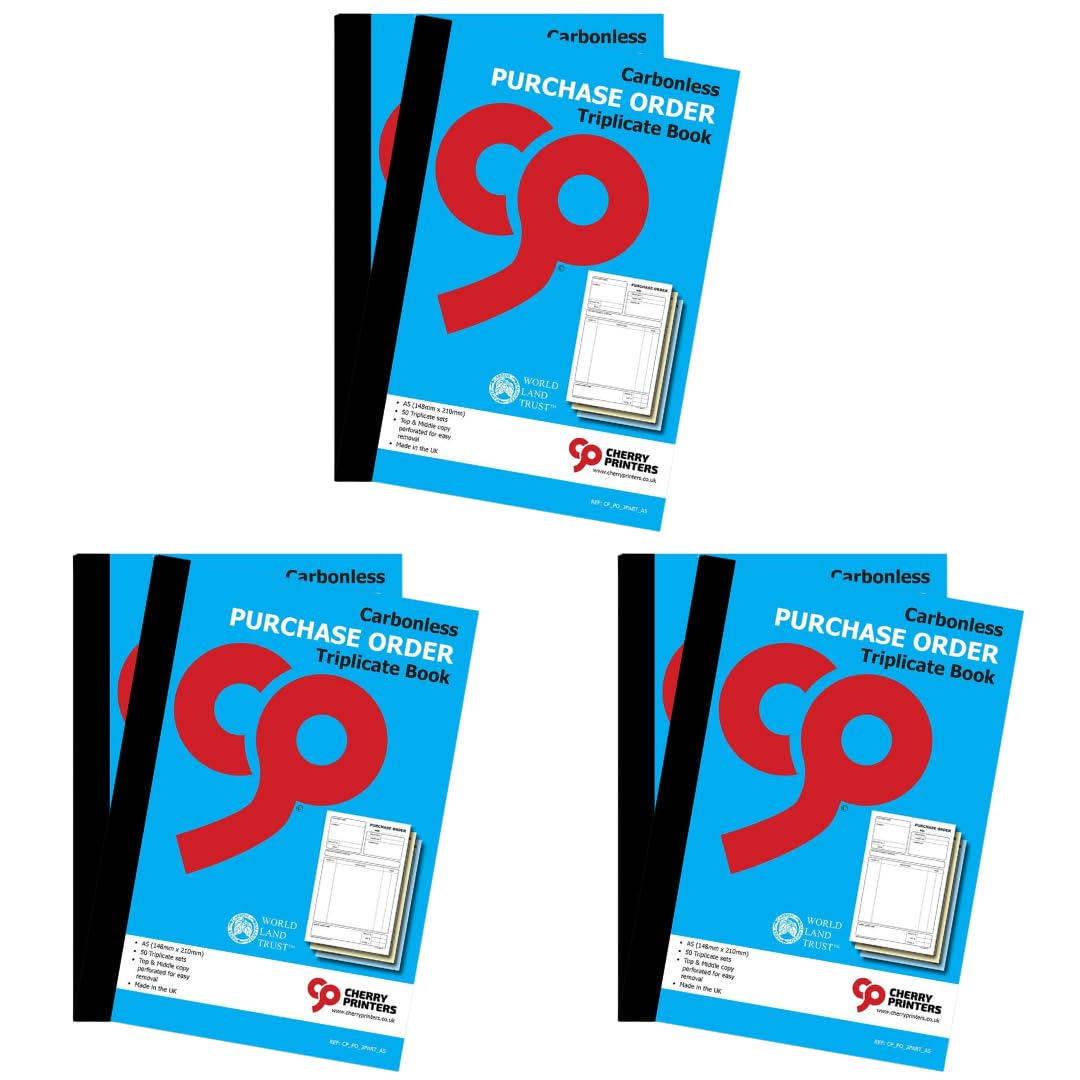Cherry Printers | Carbonless Purchase Order Triplicate Book A5 | 3 Part Book | 50 Triplicate Sets | Perforated Easy Tear Copies | Purchase Order Forms for Business Office Self Employed **6 Pack**