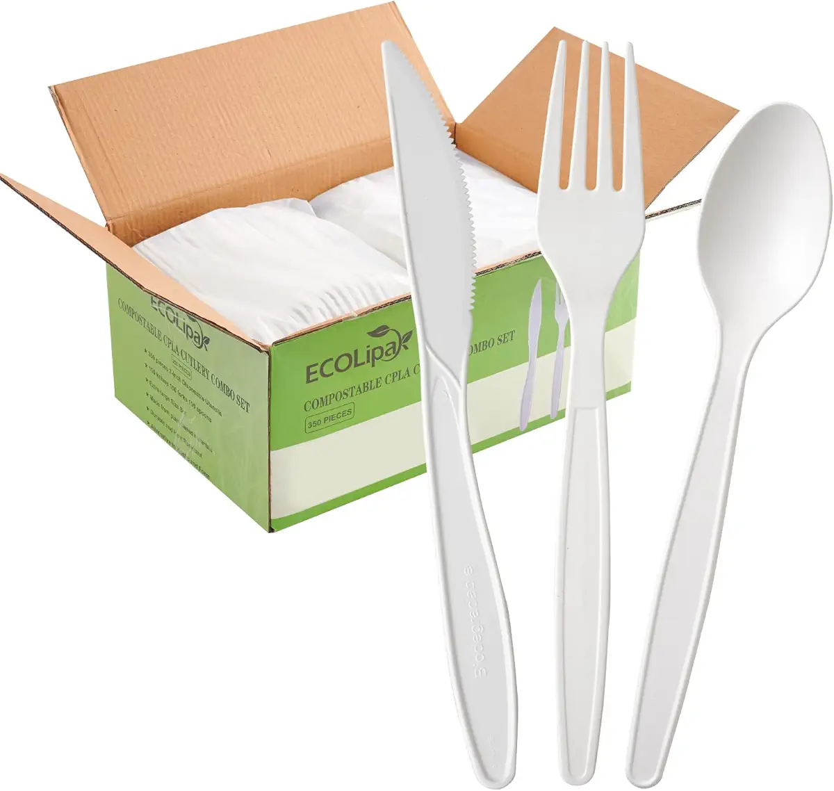 ECOLipak 350 Pcs 100% Compostable Cutlery Set, 7&#34; Large Size Biodegradable Disposable Silverware Set 150 Forks 100 Spoons 100 Knives, Heavy Duty Bio based CPLA Utensils for Party, BBQ, Picnic