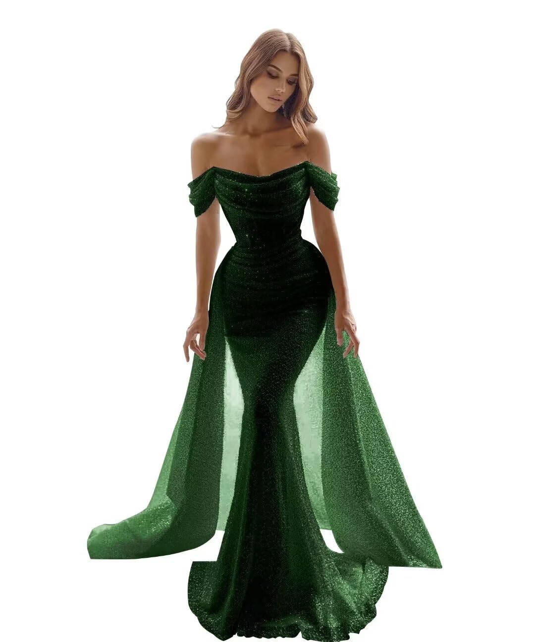 Sparkly Mermaid Prom Dresses for Women Sequin Off The Shoulder Detachable Train Evening Dresses Long Ball Gown