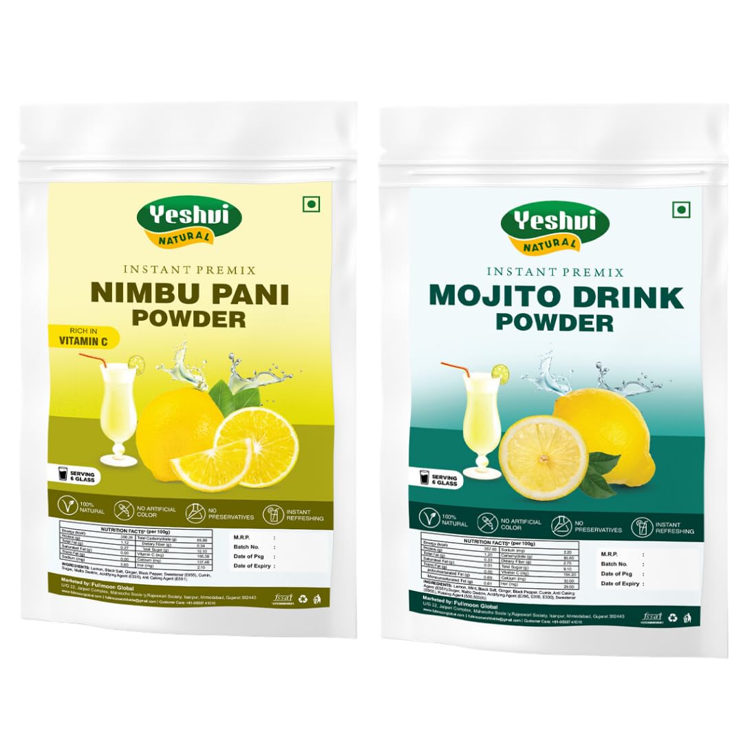 Yeshvi NATURAL Nimbu Pani Powder & Mojito Drink Powder Combo Pack, Instant Mix Drink Powder, Fizzy Party Drink, Easy to Make Beverage, Ready to Serve, 200gm