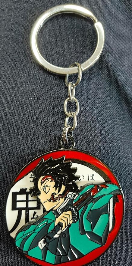Image of Demon Slayer Tanjiro Keychain, Round Metal Anime Keyring, Green Checkered Manga Accessory for Backpacks, Car Keys, Souvenir Gift