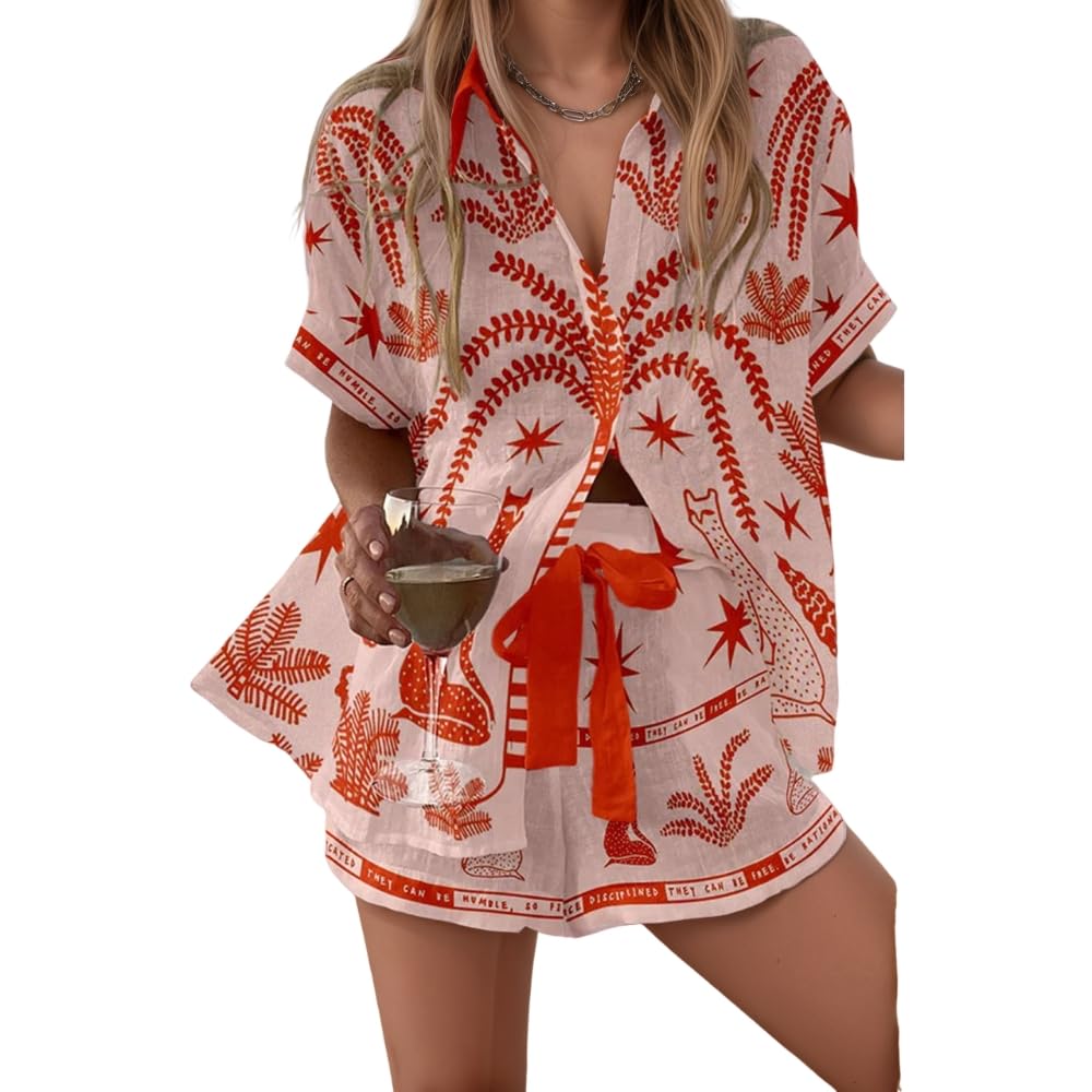Akivide Womens Summer Graffiti Graphic Beachwear 2 Piece Set Hawaiian Short Sleeve Button Down Shirt and Casual Shorts