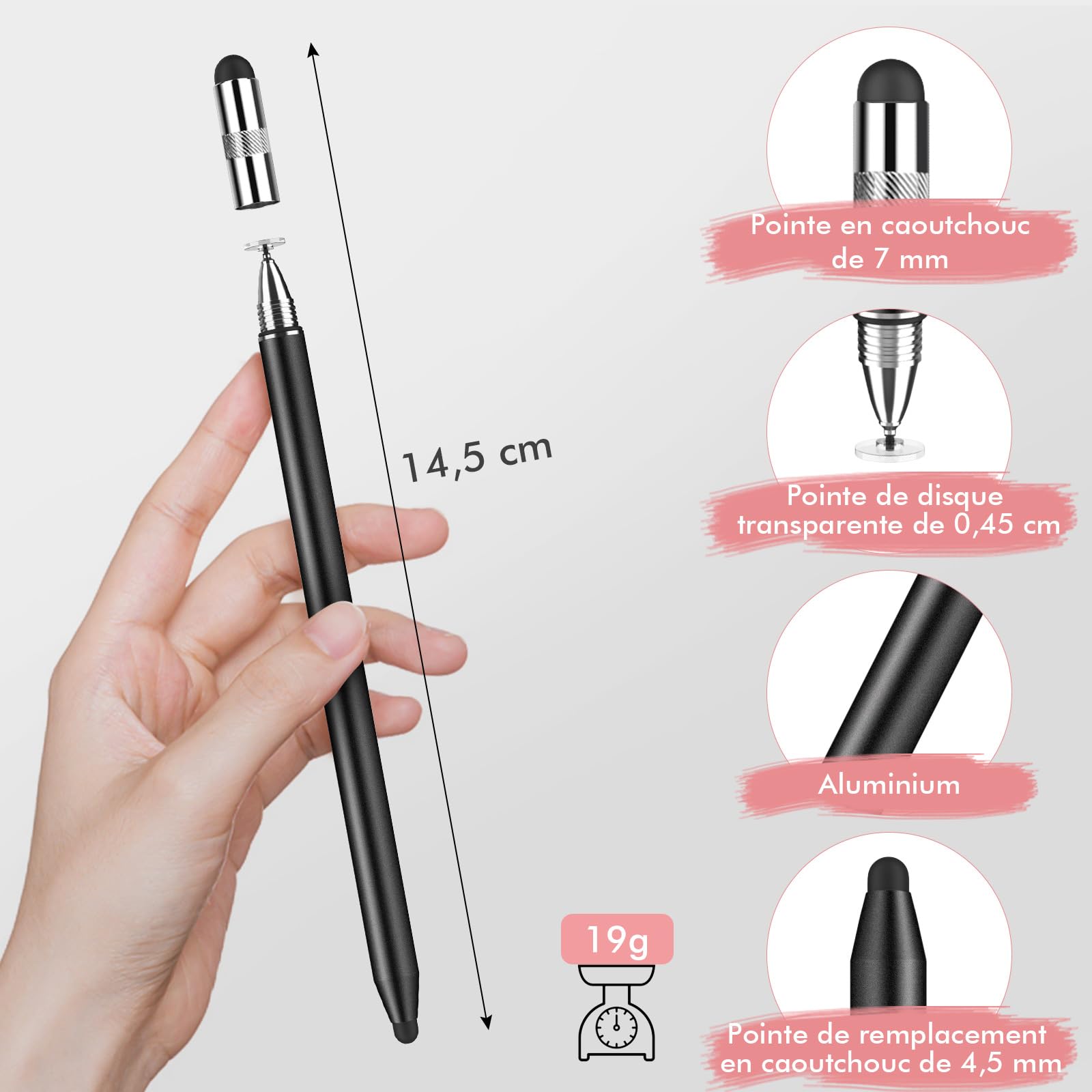 Stylet Tablette MEKO 3 en 1 pour iPad Samsung Smartphone Switch, Haute Précision avec 10 Embouts de Rechange (Noir + Or Rose)