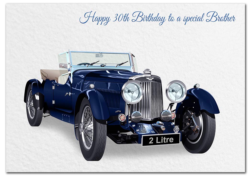 Extra Large Brother 30th Birthday Card - XL Big thick A4 size - Cool Classic Vintage Sports Car Art - Special Age Year Traditional Greeting - Huge Happy Wishes Him Men Male - UK Eco-Friendly — image 1