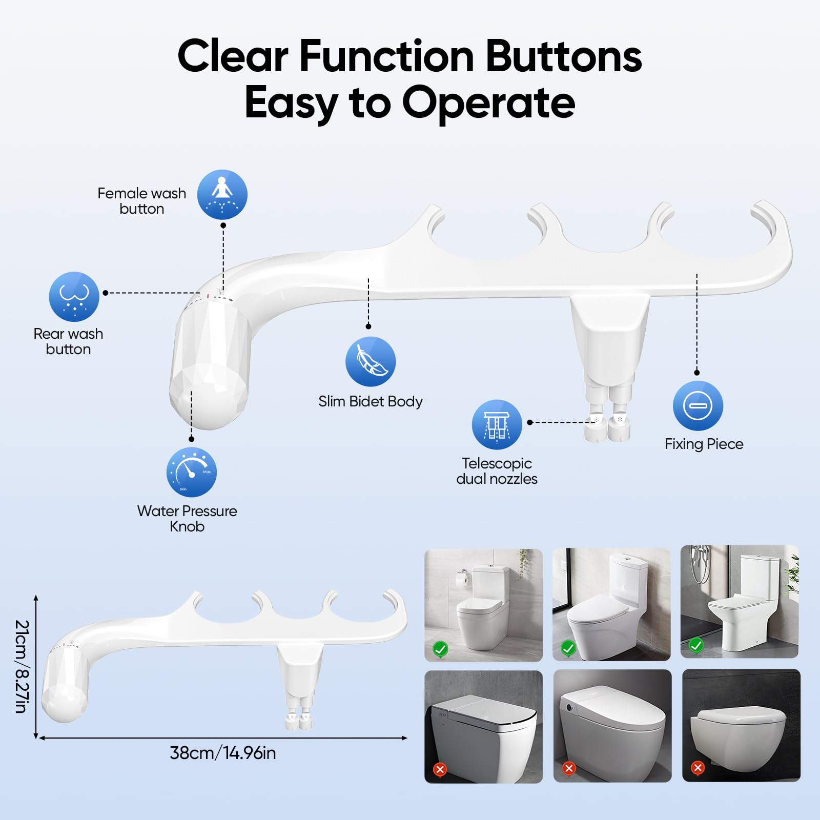 Bidet Toilette WC, Pulvérisateur Bidet non électrique bidet portable Bidet de gauche ultra-mince pour toilette Avec Pression d'eau Réglable Double Buses Rétractables Autonettoyantes Bidet Kit