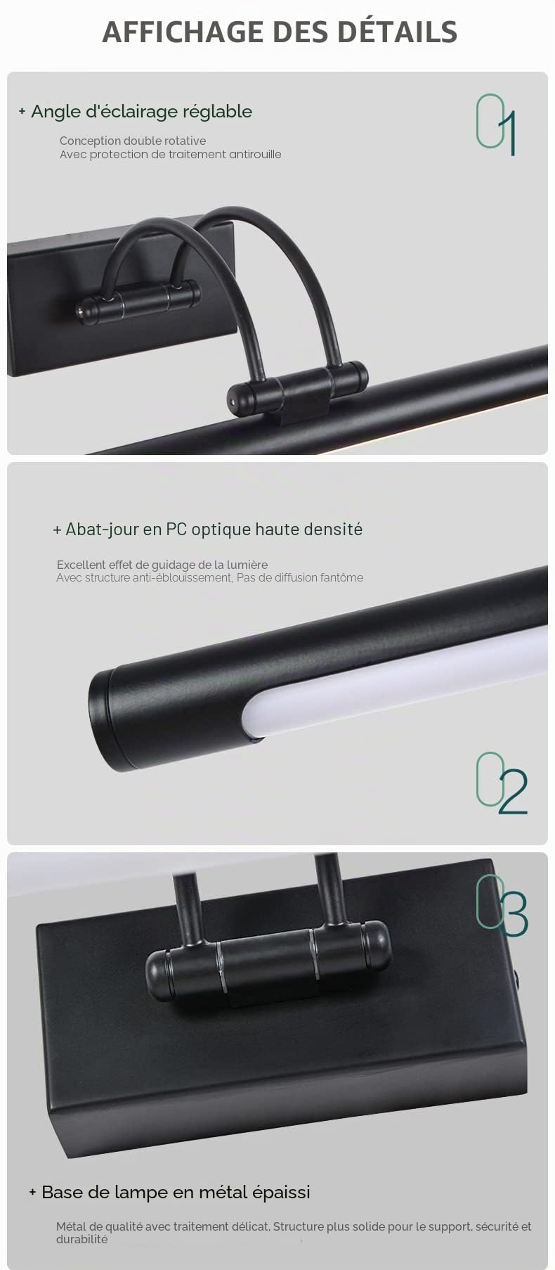 Applique murale LED pour éclairer des tableaux, miroirs, muraux, 12 W, style traditionnel et élégant, teinte de lumière chaude 3000 K, couleur noire mate, entièrement articulée et pivotante. 68