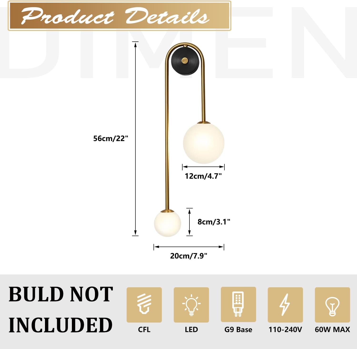 Mid Century Modern Globe Wall Sconce Indoor 2 Light Black Gold Wall Mounted Light Fixture with Milk Glass Retro Industrial Wall Lamps for Mirror Bedroom Kitchen Hallway MCL11GD-1 (1Pack)