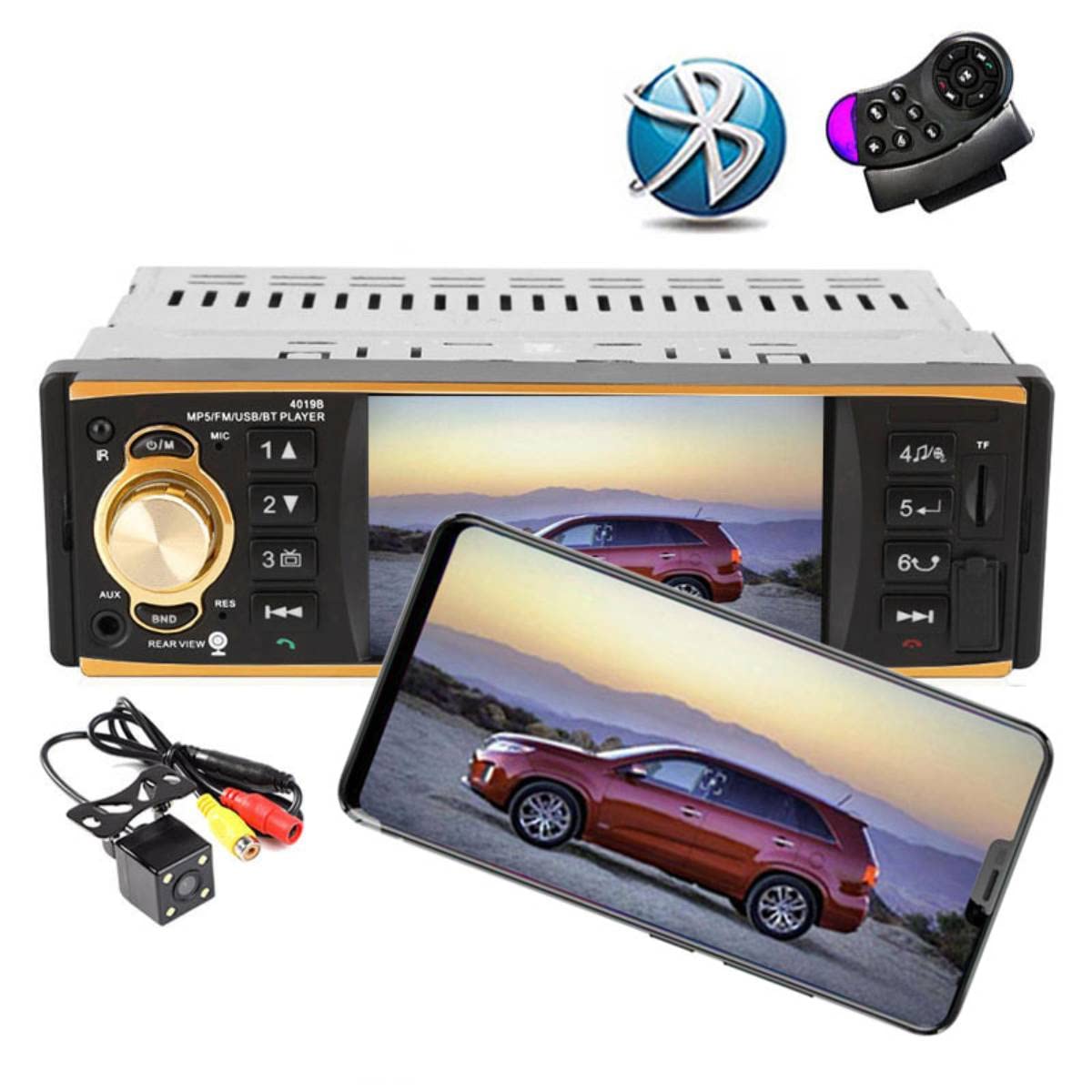4.1 cal 1 Din Radio samochodowe Audio Stereo 1Din USB Radio AUX FM Stacja Bluetooth z kamer? cofania Pilot zdalnego sterowania