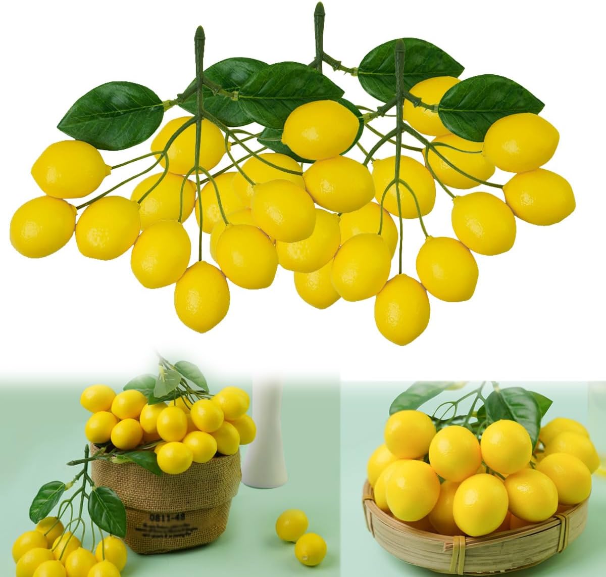 ELECDON Lifelike Artificial Lemon Fruit Branches, 3PCS Lifelike Simulation Fruit for Vase and Home Party Decoration, Realistic Fake Lemon Stems for Indoor Decor