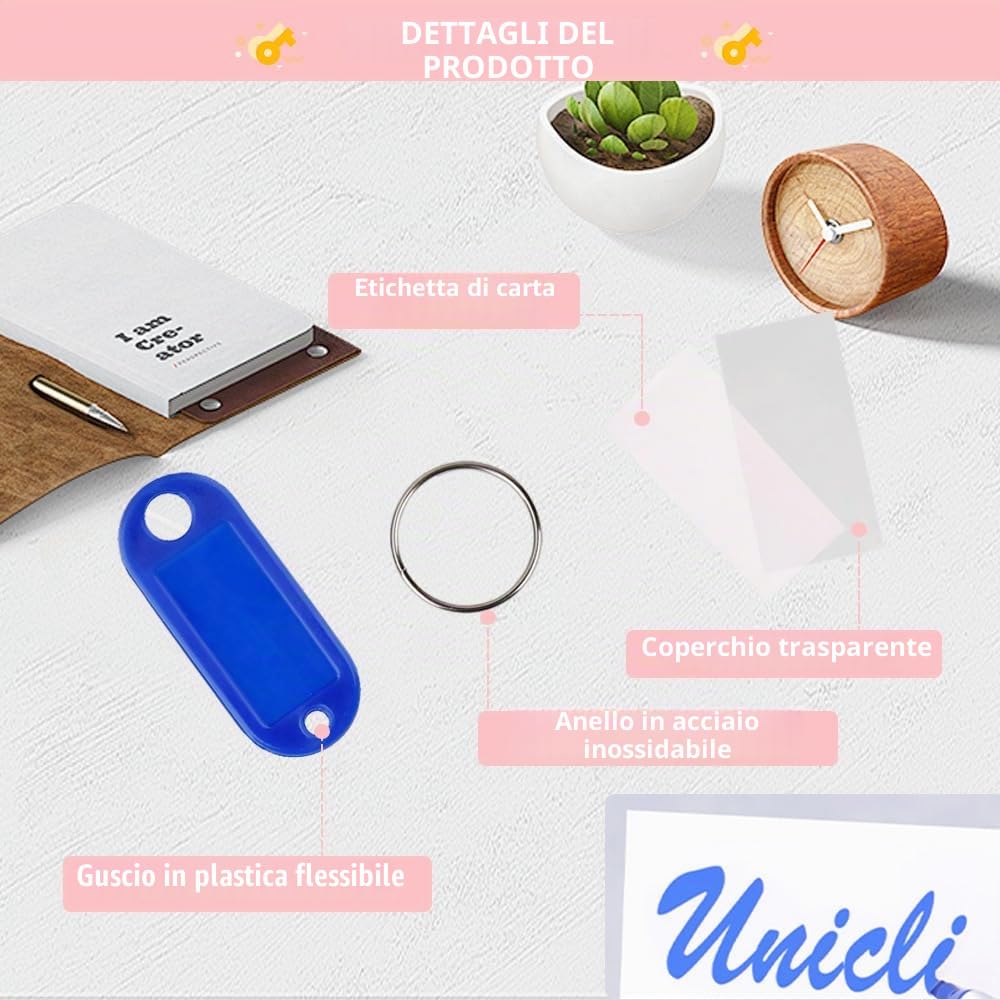 100 targhette portachiavi in plastica per portachiavi, targhette identificative, targhette per nome, etichette per bagagli, etichette con etichette ad anello diviso
