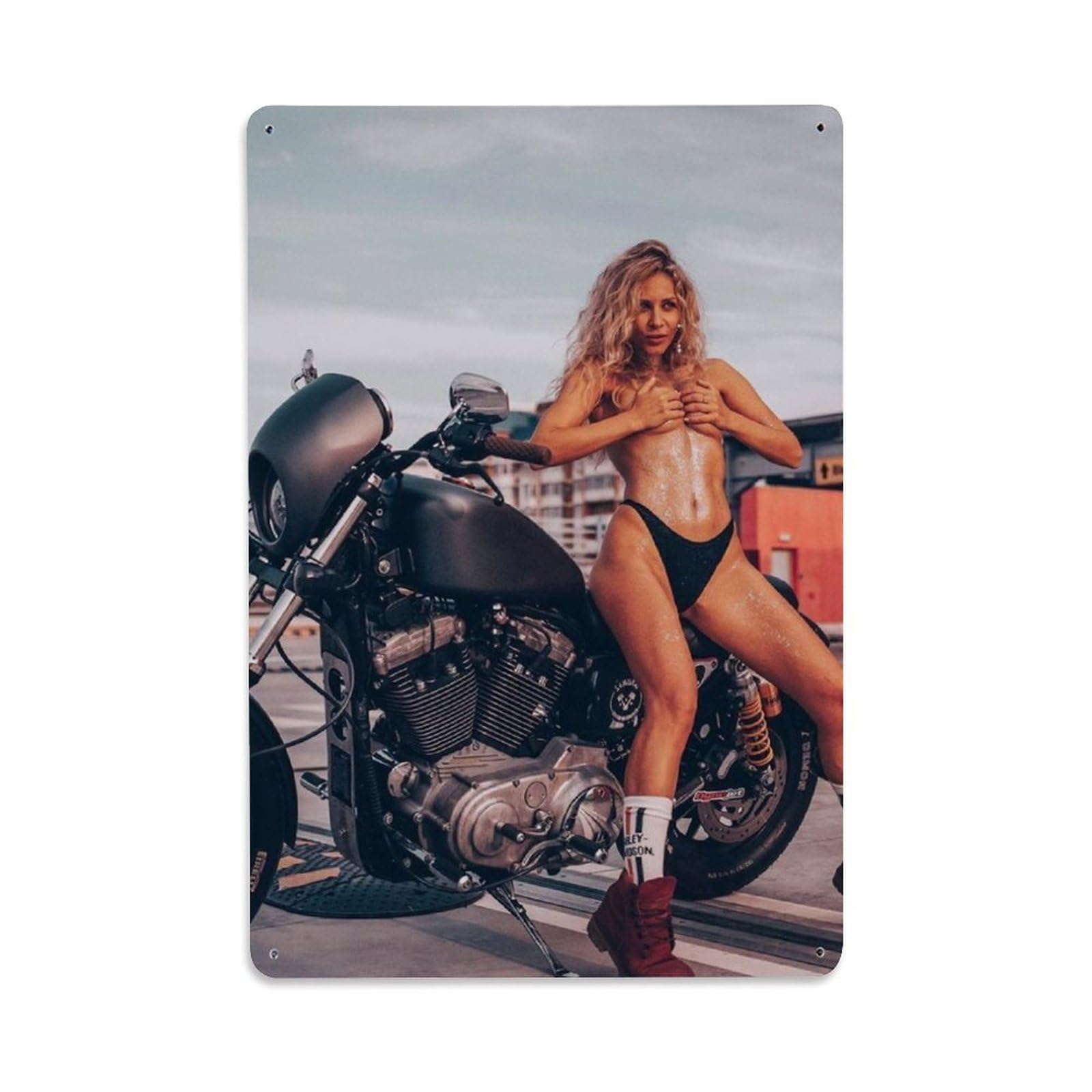 Retro Iron 883 Cafe Racer Sexy Motorbike Biker Girl Motorsport Metal Tin Sign Plaque Wall Decor for Cafe, Man Cave, Club Bar, Office, Home Garden Round Metal Poster 8x12Inch