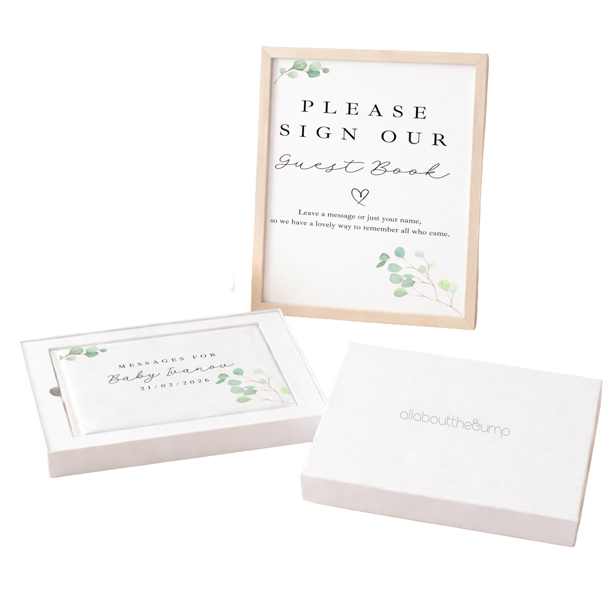 Baby Shower Guest Book and Sign Set, 23 x 17.5 cm, 80 Pages, White with Green Leaf Design, Personalised Messages Book with Display Sign (Book & Sign: Boxed)