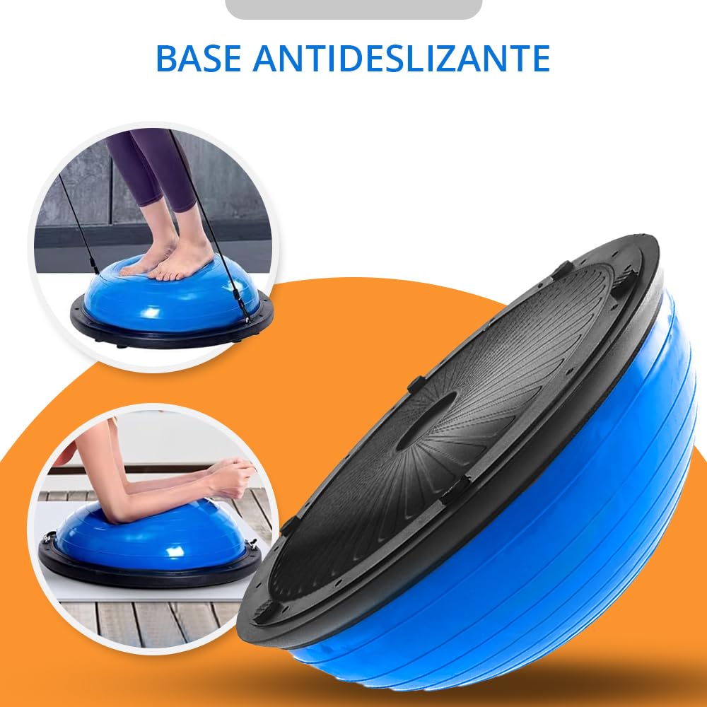 ManiBoom Bola Equilibrio Fitness Ø60cm con Inflador y 2 bandas de Resistencia - Ball ANTIDESLIZANTE para Yoga, Pilates, RECUPERACION Muscular y Estabilidad- Cojin Equilibrio Sensorial y ORTOPEDICO