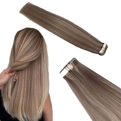 Extensiones de cabello humano real color rubio ceniza con reflejos rubio decolorado, 1.41 onzas (1.41 oz)