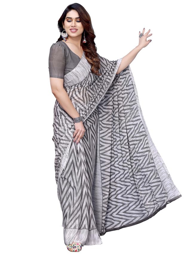 Sari georgette pour femme taille unique gris imprimé floral style indien
