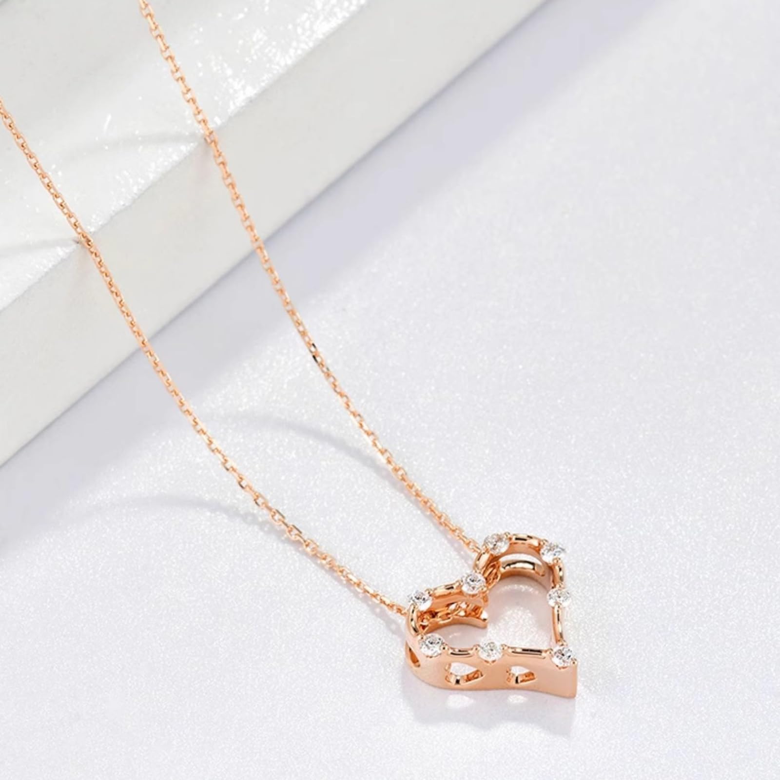 Collar de diamantes de oro rosa de 9 quilates, 14 quilates y 18 quilates, elegante colgante de corazón con diamantes naturales de 0,15 quilates, collar de oro real para ella