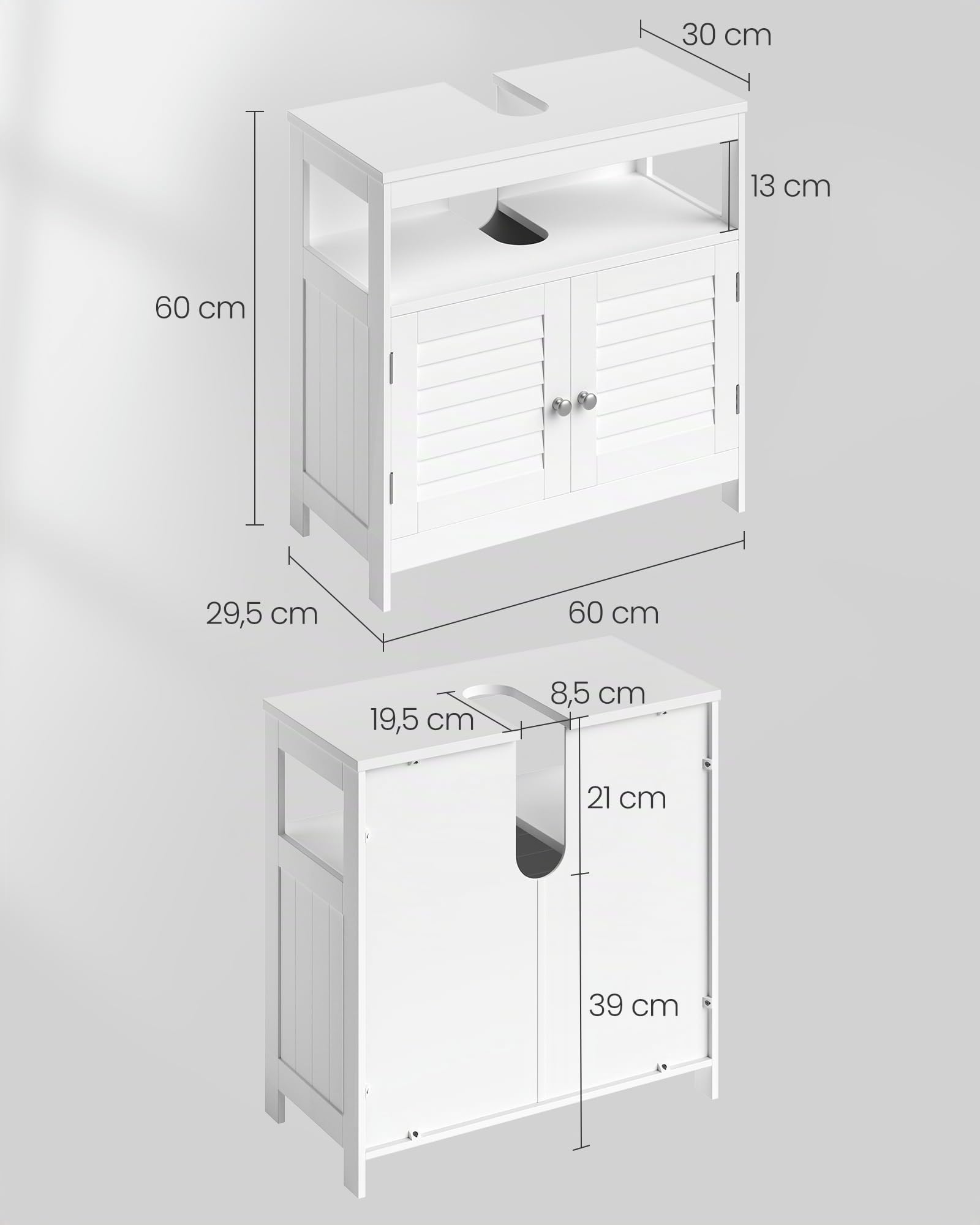 VASAGLE Mobile Sottolavabo per Bagno, Mobiletto da Bagno, 2 Ante a Persiana, Capiente, Design Moderno, 30 x 60 x 60 cm, Bianco BBC02WT